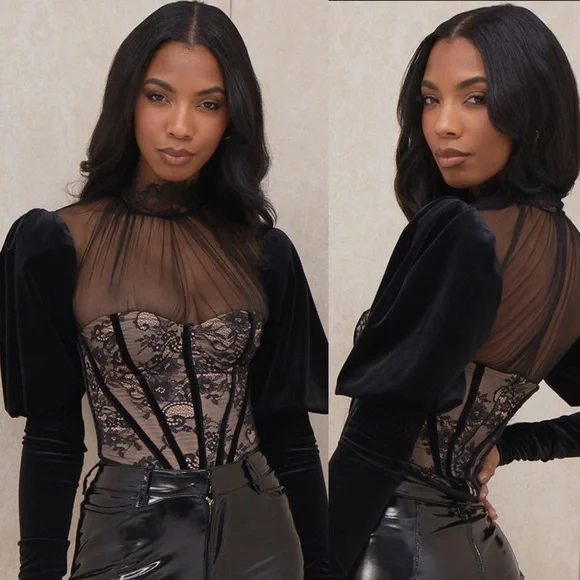 HOUSE OF CB 'Athenea' Black Lace Bodysuit Black Velvet  Puff Sleeve Corset - Picture 7 of 9